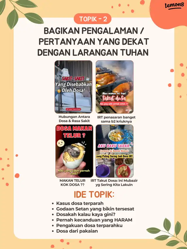 Halaman topik Lemon8 tentang berbagi pengalaman atau pertanyaan terkait larangan Tuhan. Menampilkan contoh konten seperti 'Sakit-sakit Disebabkan Dosa', 'Mau makan ini tapi takut dosa', 'Dosa Makan Telur?', dan 'Mubazir yang Sering Jadi Dosa', beserta ide topik.